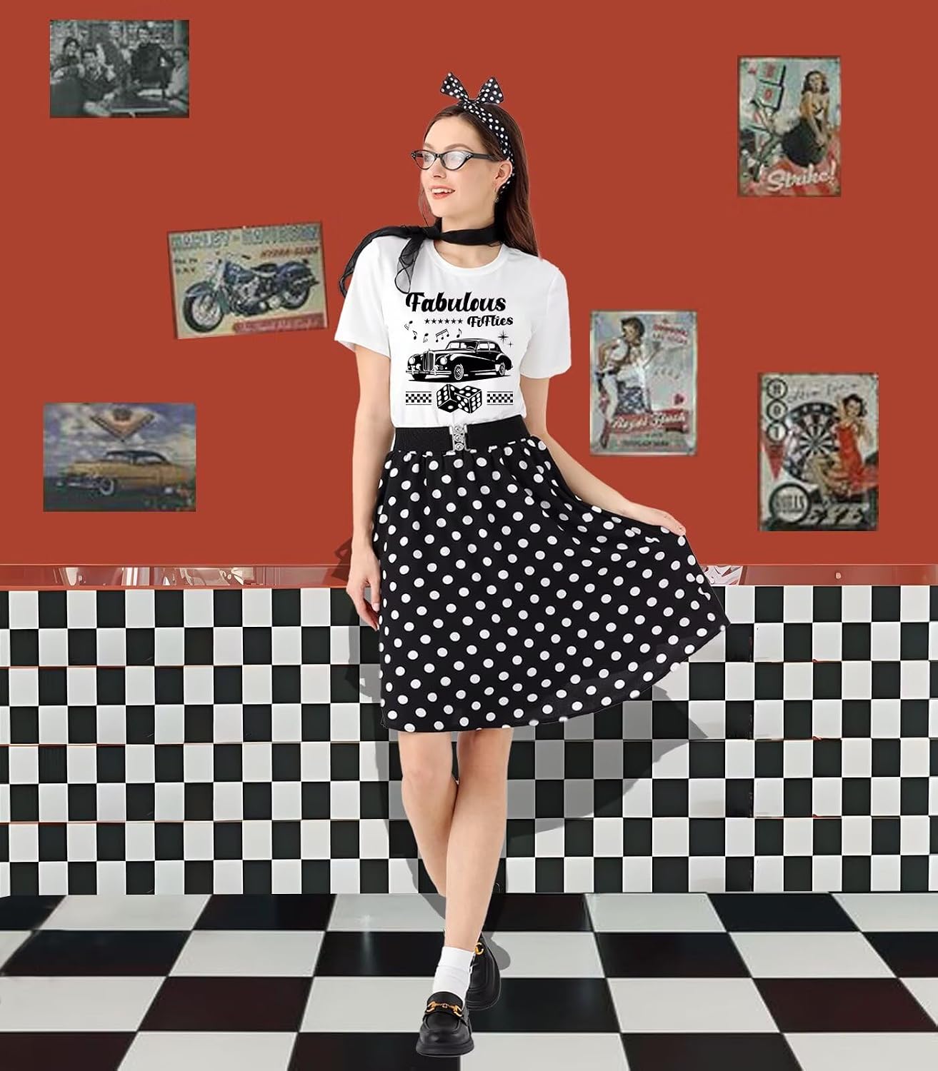 10Pcs Sock Hop Outfits Women, 1950s Poodle Skirts, Poodle T-Shirt with 50s Accessories Soc